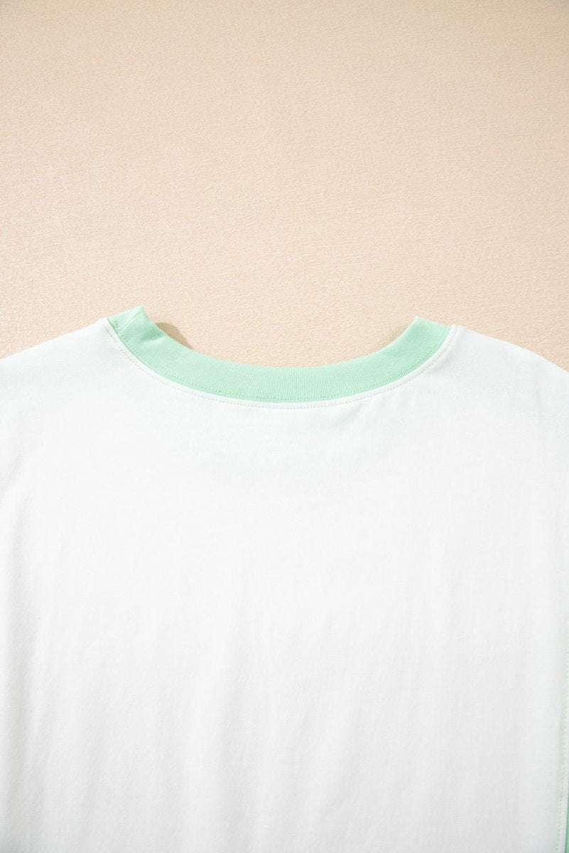 Light Green Color Block Exposed Seam Crew Neck T Shirt - Love Salve
